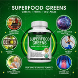 Organic Super Greens Capsules Superfood Fruit Veggie Supplement - 28 Powerful Natural Ingredients with Alfalfa, Beet Root, Tart Cherry & Ginger for Immune & Energy Support, for Men Women, 60 Tablets