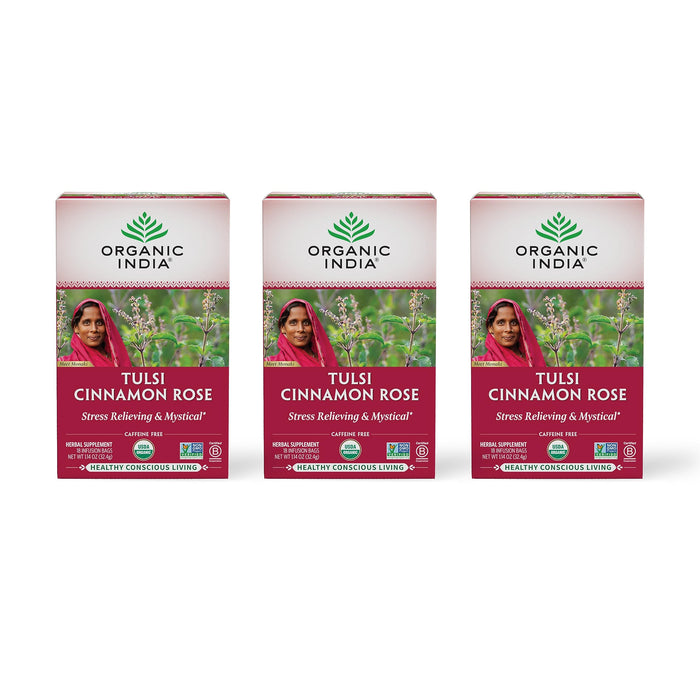 ORGANIC INDIA Tulsi Cinnamon Rose Herbal Tea - Holy Basil, Stress Relieving & Mystical, Immune Support, USDA Certified Organic, Supports Sugar Metabolism, Caffeine-Free - 18 Infusion Bags, 3 Pack