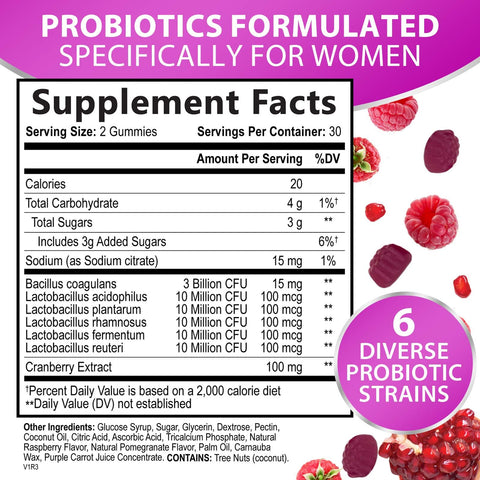 Probiotics for Women Gummy with Cranberry, 3 Billion CFU Guaranteed with 6 Diverse Strains, Womens Probiotic Gummies for Digestive, Vaginal pH, Urinary & Immune Health Support, Non-GMO - 60 Gummies