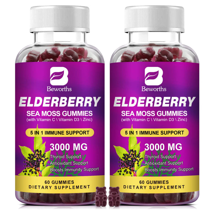 B BEWORTHS Elderberry & Sea Moss Gummies, Organic Black Sambucus Elderberry with Zinc and Vitamin C, D3 for Adults & Kids, Elderberry Gummy Vitamin Supplements for Immune & Energy Support - Vegan