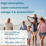 Super Concentrated rTG Omega 3 Wild Fish Oil 1000mg, Clean Label Free from Environmental Toxins, EPA DHA, 2:1 Ratio, Non-GMO, Astaxanthin 1mg, Lemon Flavor, 180 Capsules, Pure & Essential