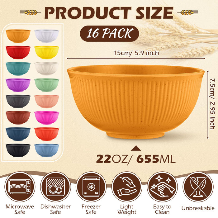 Tioncy Set of 16 Cereal Bowls Plastic 22 oz Reusable Wheat Straw Bowls Dishwasher and Microwave Safe Unbreakable Lightweight Bowls for Soup Salad Rice Noodles Oatmeal Camping Kids Toddler Elderly