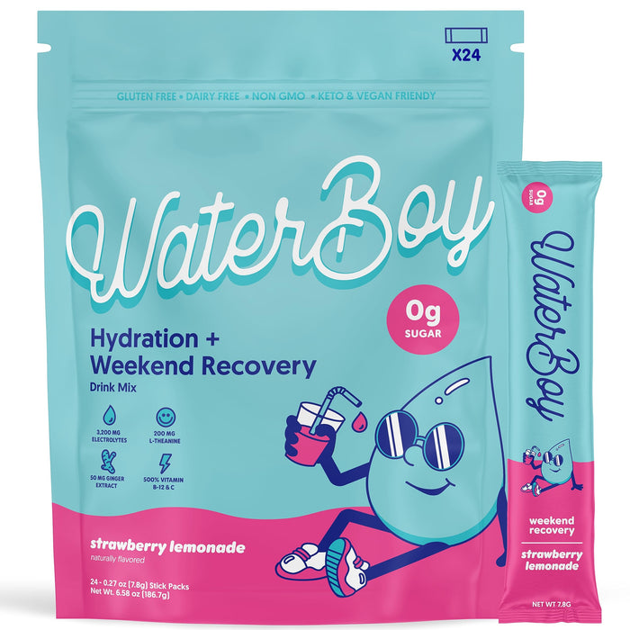 Waterboy Weekend Recovery | 3,200mg Electrolyte Powder Packets | Ginger + L-Theanine + Vitamins | No Sugar, All Natural, Gluten Free | 24 Drink Stick Mixes (Strawberry Lemonade)