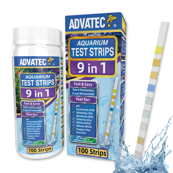 9 in 1 Aquarium Test Strips - For Fresh & Saltwater Aquariums, TEST FOR: Iron, Copper, Nitrate, Nitrite, Chlorine, Total Hardness, Total Alkalinity, Carbonate, pH - Fast LAB GRADE Results! (100 Count)