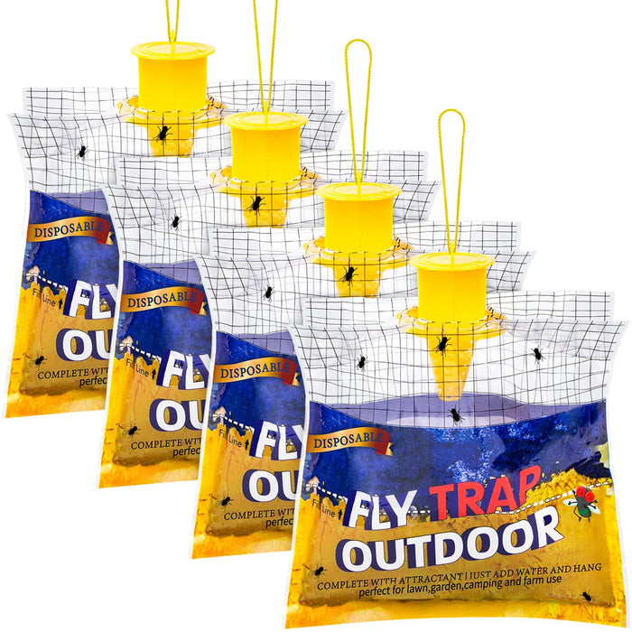 Fly Traps Outdoor Fly Trap Hanging with 30g Fly Bait, Natural Pre-Baited Fly Bags Outdoor Disposable Stable Horse Ranch Fly Trap Bag Fly Catchers Killer Outdoor 4 Pack