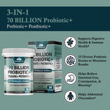 Probiotics 70 Billion CFU – 15 Probiotic strains + Organic Prebiotic+ Postbiotic 3-in-1 Complete – Promotes Healthy Digestive & Immune Function –Gas, Bloating, Constipation Support – for Men & Women