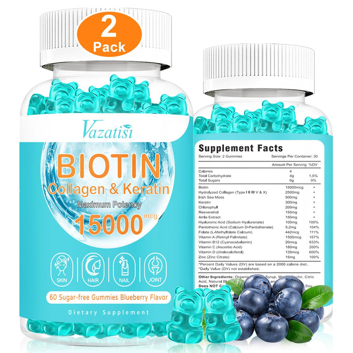 Hair Skin Nail Vitamins Gummies Supplement, 15000mcg Biotin Gummies with Collagen Sea Moss Chlorophyll Vitamin C Zinc for Women Men Muscle Joint & Immunity -Sugar Free Blueberry Flavor, 2 Pack 120 Ct