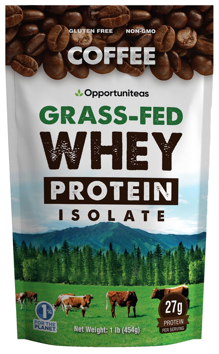 Opportuniteas Coffee Whey Protein Powder - Low Carb & Keto Friendly - Grass Fed Whey Isolate + Colombian Coffee - 60 mg Caffeine for Energy - Pre or Post Workout Drink Mix, Shake & Smoothies - 1 lb