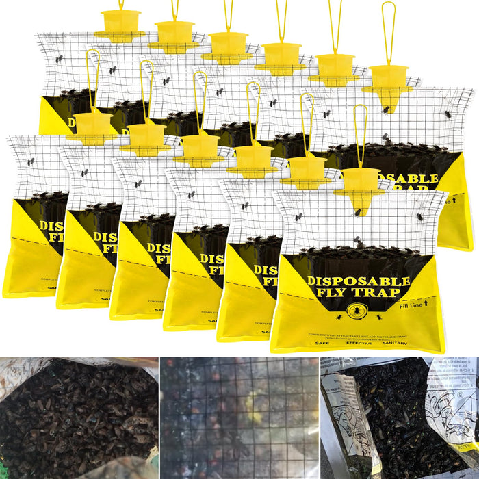 Fly Traps Outdoor Hanging, 12 Natural Pre-Baited Fly Hunter Stable Horse Ranch Fly Trap, Mosquito Fly Bags Outdoor Disposable Catchers Killer Repellent for Barn Farm Patio & Camping