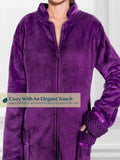 PAVILIA Womens Housecoat Zip Robe, Fleece Zip Up Front Robe Bathrobe, Plush Warm Zipper House Coat Lounger for Women Ladies Elderly with Satin Trim, Pockets, Long - Purple (Small/Medium)