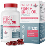 Bronson Omega-3 Fish + Krill Oil 1000 MG EPA DHA Astaxanthin Premium Blend - Joint, Brain & Eye Health - Non GMO, Heavy Metal Tested, 120 Softgels