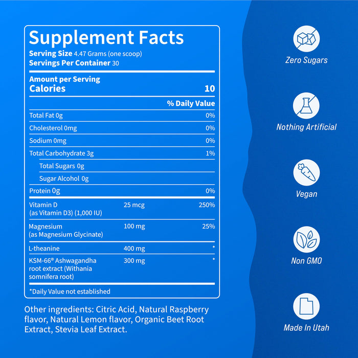 Nello Supercalm Drink Mix - Ashwagandha KSM 66, Magnesium Glycinate, L-Theanine, Vitamin D3 - Ashwagandha Root Extract, Magnesium & L-Theanine Supplement - Focus & Cortisol Support (30 Servings)