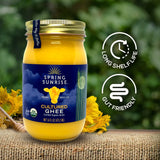 Spring Sunrise Organic Grass Fed Cultured Ghee Butter - USDA Certified Organic Clarified Butter - Paleo, Keto Friendly, Non-GMO, Gluten, & Lactose Free Cooking Oil - Sustainably Sourced (16oz Jar)