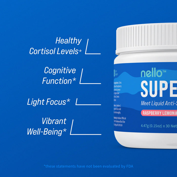 Nello Supercalm Drink Mix - Ashwagandha KSM 66, Magnesium Glycinate, L-Theanine, Vitamin D3 - Ashwagandha Root Extract, Magnesium & L-Theanine Supplement - Focus & Cortisol Support (30 Servings)