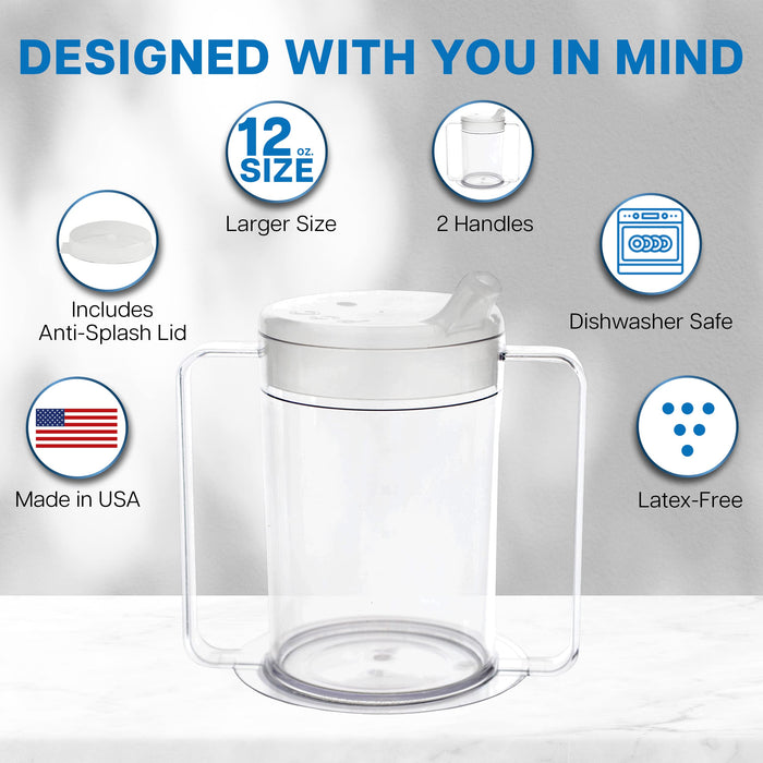 Providence Spillproof 12oz Adult Sippy Cup with Handles - Independence Sip Cups for Adults with Limited Mobility - Handicap Cups for Elderly Care - Made in the USA - PSC 50-3 Pack