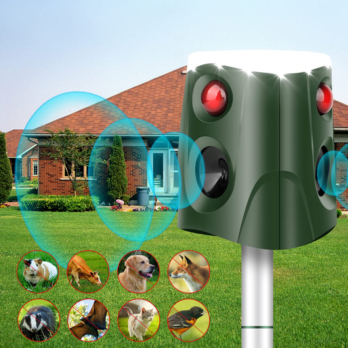 Outdoor Solar Animal Repeller, 360° Ultrasonic Animal Repeller, Animal Deterrent Rodent Repeller with 3-Side Motion Activated Flashing Lights,Solar Powered Dog Repellent for Cat Raccoon Rabbit Deer