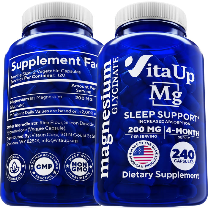 VitaUp Magnesium Glycinate 200mg (Chelated) - USA Made Magnesium Bisglycinate - Heart, Muscle, Metabolism Support, Stress Relief - Magnesium Glycinate Capsules - Non-GMO, Gluten Free - 240 Vegan Caps