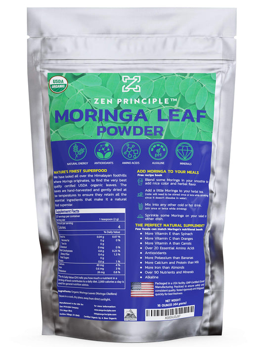 Zen Principle 1 lb. Premium Organic Moringa Oleifera Leaf Powder. 100% USDA Certified. Sun-Dried, All Natural Energy Boost, Raw Superfood and Multi-Vitamin. No GMO, Gluten Free.