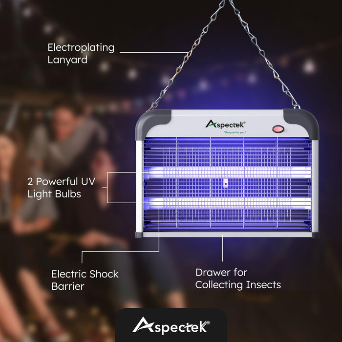 Aspectek 20W Electric Bug Zapper for Indoor use. Effective Against Mosquitoes and Flies. 2 Extra Replacement Bulbs Included. Lightweight Design, 2800V Powerful Grid, Easy Cleaning, Washable Tray.