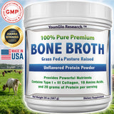 YounGlo Research Bone Broth Beef Protein Powder 20 oz, High Collagen & Gelatin from Grass Fed Bovine, Delicious Marrow Benefits for Soups & Sipping Broths, Unflavored Animal Based Keto Concentrate