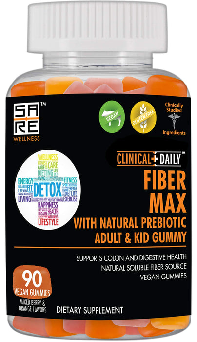 CLINICAL DAILY Fiber Max, Vegan High Fiber Gummies for Adults & Kids. Constipation Relief for Adults and Kids. Prebiotic Inulin Fiber Supplement Gummies. 90 Gluten-Free Laxative Gummies for Gut Repair