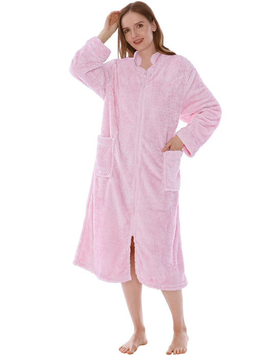 PAVILIA Womens Housecoat Zip Robe, Sherpa Zip Up Front Robe Bathrobe, Fuzzy Warm Zipper House Coat Lounger for Women Ladies Elderly with Pockets, Fluffy Fleece Long - Light Pink (Small/Medium)