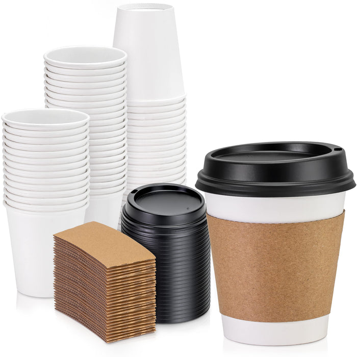 Fit Meal Prep 100 Pack 10 oz Disposable Coffee Cups with Lids and Kraft Sleeves, Premium To Go Coffee Cups with Lids, Durable Thickened Paper Hot Coffee Cup for Cold/Hot Beverage Chocolate Cocoa Tea