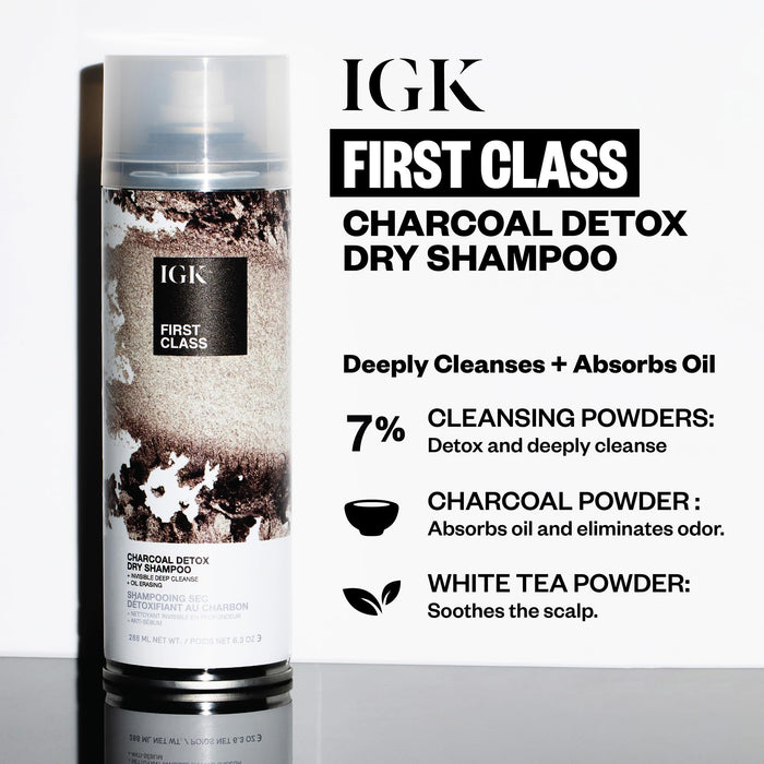 IGK FIRST CLASS Charcoal Detox Dry Shampoo | Volume + Soothes Scalp + Balance Oil | Vegan + Cruelty Free | 6.3 Oz