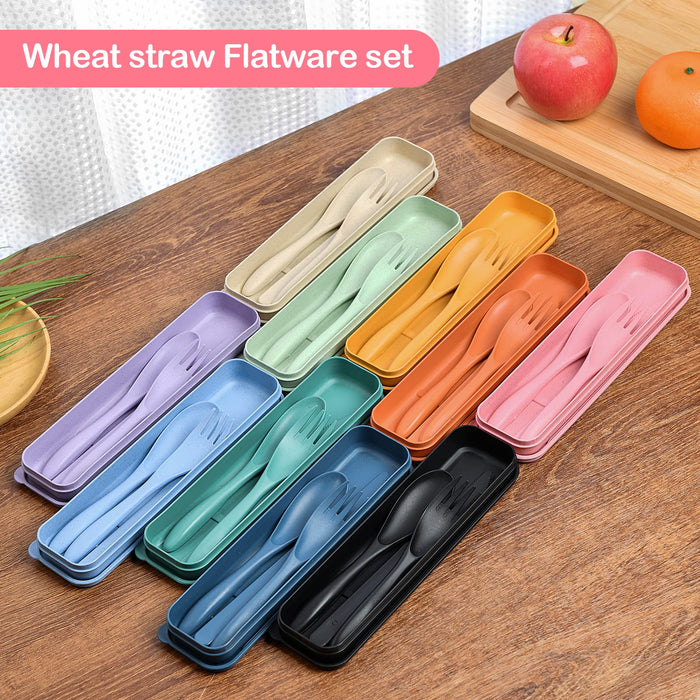 Reusable Travel Utensils Set with Case, 12 Sets Wheat Straw Portable Knife Fork Spoons Cutlery, Eco-Friendly BPA Free Plastic Tableware for Kids Adults Travel Picnic Camping Utensils