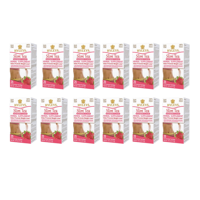 Hyleys Slim Tea Raspberry Flavor - Weight Loss Herbal Supplement Cleanse and Detox - 25 Tea Bags (12 Pack)