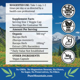 Pure Mountain Botanicals Bacopa Monnieri Capsules - Vegan Caps with Organic Bacopa & Standardized Bacopa Extract Supplement