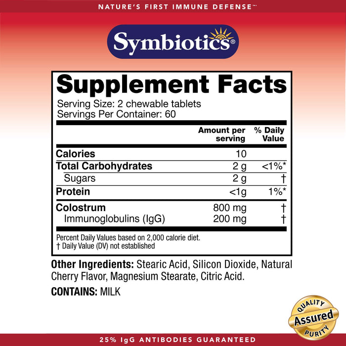 Symbiotics Colostrum 120ct Chewables Plus - Immunity Support for Adult & Kids - Lactoferrin Supplement & Colostrum Protein - Supports Digestion & Gut - 25% lgG Antibodies, Gluten Free - Wild Cherry