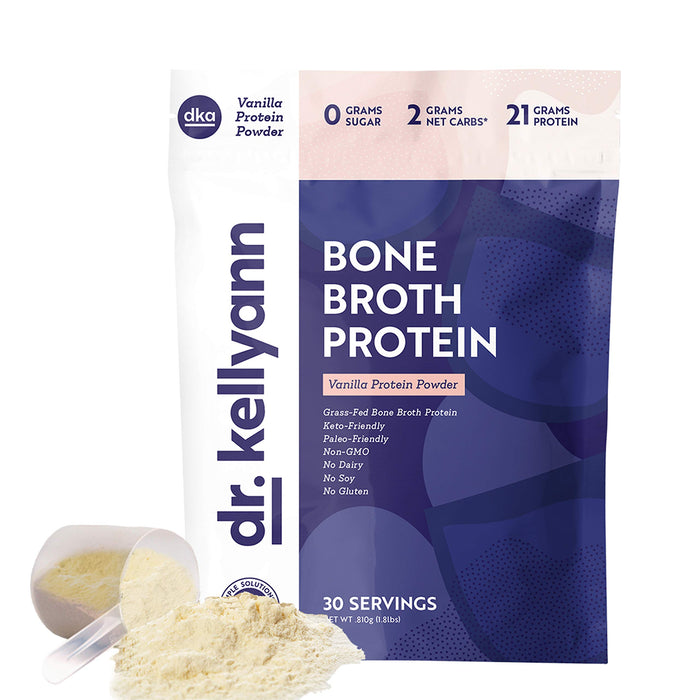 Dr. Kellyann Bone Broth Protein Powder, Vanilla (30 Servings) - Protein 21g, 2g Net Carbs - Grass Fed Hydrolyzed Collagen - Sugar Free, Gluten Free, Dairy Free, Paleo, Keto Protein Shakes