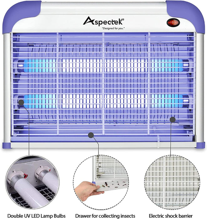 ASPECTEK 20W Indoor Bug Zapper, Powerful UV Bugs Lamp Attract Insects and 2800V Grid Kills Flying Insects, Includes 2 Replacement Bug Lights