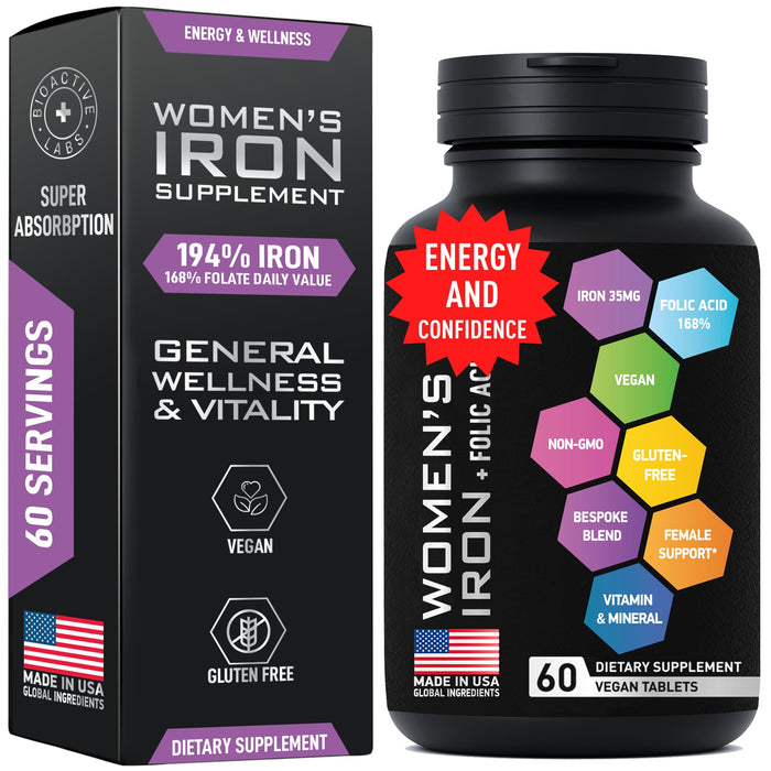 Vegan Iron Supplements for Women with Folic Acid - 168% Folate Folic Acid, 194% Ferrous Sulfate Blood Builder Iron Pills for Women with Anemia and Pregnant Women - 60 Gluten-Free Gentle Iron Tablets
