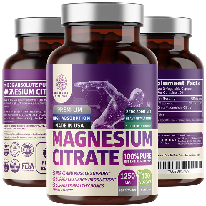 N1N Premium Magnesium Citrate Capsules 1250mg 120 Veg Caps [100% Pure] Powerful dose for Sleep, Muscle Cramps, Bone Health, Energy Production and Nerve Function