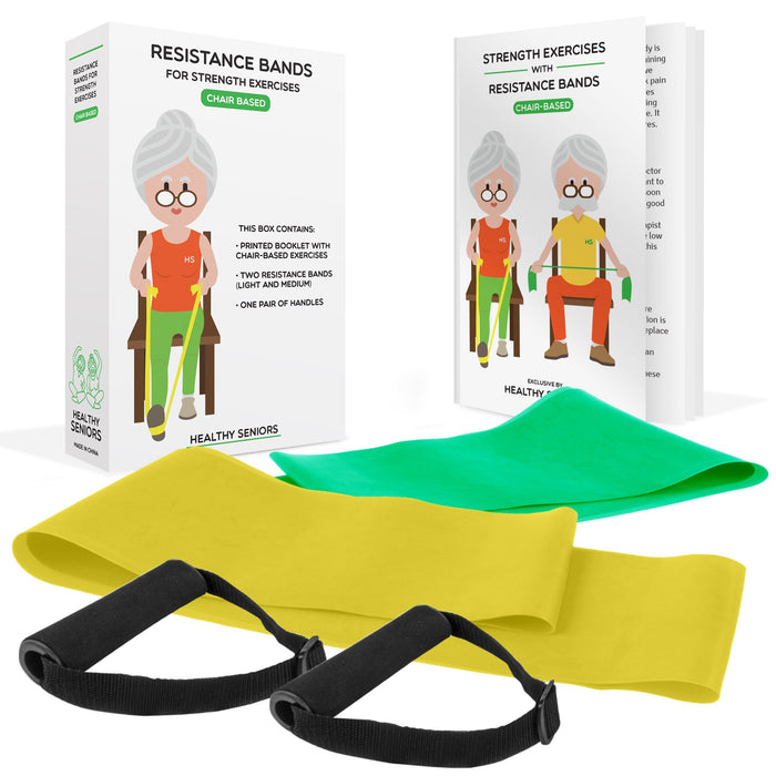 Healthy Seniors Chair Exercises for Seniors - Two Resistance Bands, Handles, and Printed Exercise Guide. Adjustable Fitness Equipment for Seniors, Elderly Home. Occupational & Physical Therapy Aids