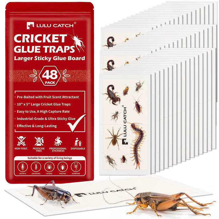 LULUCATCH Cricket Insect Glue Traps - 48 Pack Bug Sticky Traps, Large & Adhesive Spider Scorpion Trap with Pre-Baited Attractant, Highly Effective Glue Boards Indoor, Non-Toxic, Safe to Children,Pets