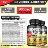 10 in 1 Mushroom Complex Supplements Capsules 5000mg - 4 Month Supply - Blends with Lions Mane, Cordyceps, Reishi, Chaga, Maitake, Shitake & Others - Body Health & Immune Support - 2 Packs 60 Capsules