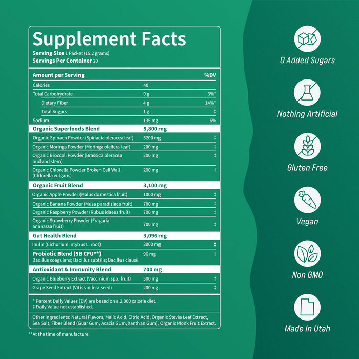 Nello Supergreens Premium Superfood Greens Drink Mix w/Chlorella, Moringa, Spinach & Broccoli + Digestive Enzymes & Probiotic Blend -Nutrient-Packed Powder Wellness (Mango Peach, 20 SRV, Travel Pack)