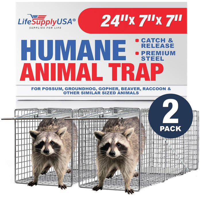 Heavy Duty Catch Release Medium Live Humane Animal Cage Trap for Cats Skunks Rats Squirrels 24x7x7 (2-Pack)
