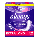 Always Anti-Bunch Xtra Protection, Panty Liners for Women, Extra Long Length, Unscented, 92 Count (Pack of 4) (368 Count)