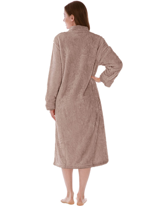 PAVILIA Womens Housecoat Zip Robe, Sherpa Zip Up Front Robe Bathrobe, Fuzzy Warm Zipper House Coat Lounger for Women Ladies Elderly with Pockets, Fluffy Fleece Long - Beige Taupe (Large/X-Large)