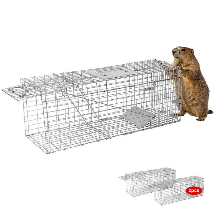 2-Pack H&B Live Animal Cage Trap,Folding 32x10x12 inch Humane Cat Trap for Stray Cats,Raccoons,Squirrel,Skunk,Mole,Groundhog,Opossums Armadillo,Rabbit,Catch and Release(Silver)