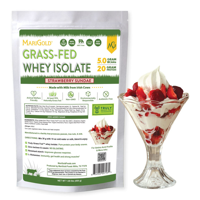 MariGold Grass-fed Whey Protein Isolate Powder - Strawberry Sundae Flavor - 1 Lb Bag | 100% Pure, Cold-Processed, Micro-Filtered, Undenatured, Non-GMO, rBGH Free, Soy Free, Gluten Free, Lactose Free