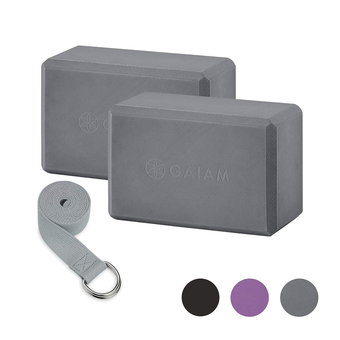 Gaiam Yoga Block 2 Pack & Yoga Strap Combo Set - Yoga Blocks with Strap, Pilates & Yoga Props to Help Extend & Deepen Stretches, Yoga Kit for Stability, Balance & Optimal Alignment - Grey