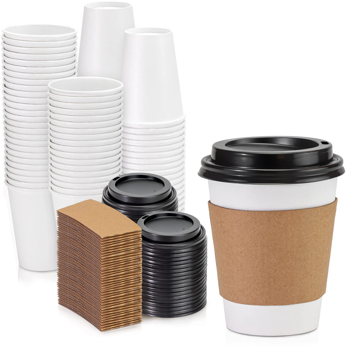 Fit Meal Prep 50 Pack 8 oz Disposable Coffee Cups with Lids and Kraft Sleeves, Premium To Go Coffee Cups with Lids, Durable Thickened Paper Hot Coffee Cup for Cold/Hot Beverage Chocolate Cocoa Tea