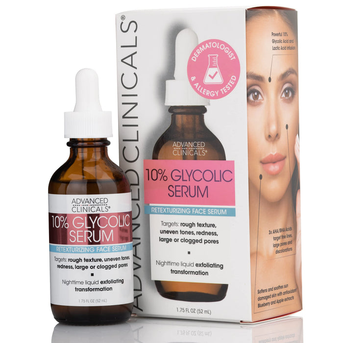 Advanced Clinicals 10% Glycolic Acid Peel Serum + Salicylic Acid Skin Care Treatment For Face. Gentle Facial Formula Targets Fine Lines, Large Pores, & Age Spots. 1.75 FL Oz