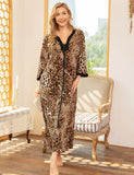 Bloggerlove House Dresses for Elderly Mumu Dresses Women Leopard House Dress V Neck Nightgown Robe Half Sleeve Loungewear Full Length Sleepwear Zipper Duster Housecoat