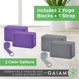 Gaiam Yoga Block 2 Pack & Yoga Strap Combo Set - Yoga Blocks with Strap, Pilates & Yoga Props to Help Extend & Deepen Stretches, Yoga Kit for Stability, Balance & Optimal Alignment - Grey